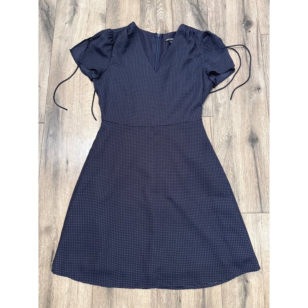 J.Crew Mercantile Navy Polka Dot Short Sleeve A-Line Dress Tie Detail Size Small